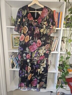 Vintage Black Floral Midi Dress Rosette Size 12 / Large Romantic Fairy Boho